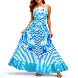 Celina Moon Halter Maxi Dress Blue White Mediterranean Print Resort Dress Size M